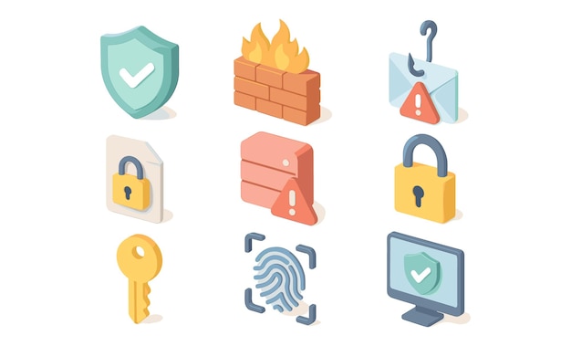 Set of cybersecurity icons including shield firewall phishing email file lock server alert padlock key fingerprint scan and computer with secure check Isometric vector illustration