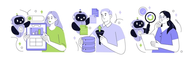 Set of data analysis and optimization illustrations featuring a chatbot assisting people with data charts graphs and analysis tools in a modern flat design style