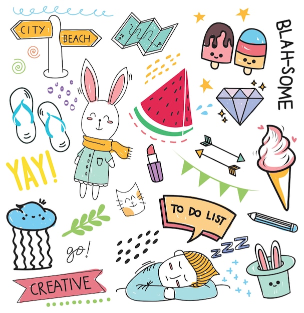 set of design element and icon in doodle style