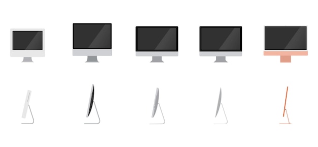 Set of desktop computer monitor with side angle empty display device screen mockup blank vector
