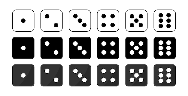 set of dice for board games in black and white color on a black background vector illustration