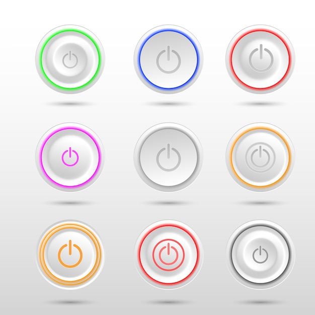 set of different led power buttons on white background.