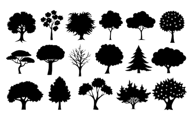 set of different types trees on white background