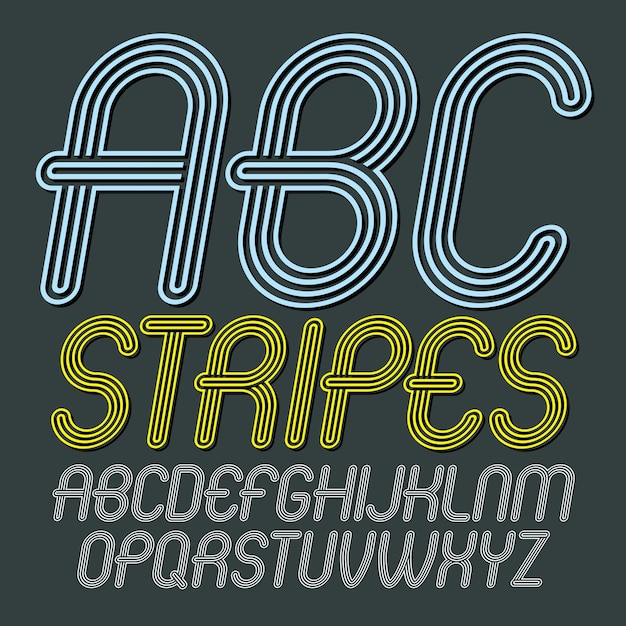 set of disco vector upper case alphabet letters isolated. trendy cursive rounded font, script from a to z can be used in poster creation. created using triple stripy, parallel lines.
