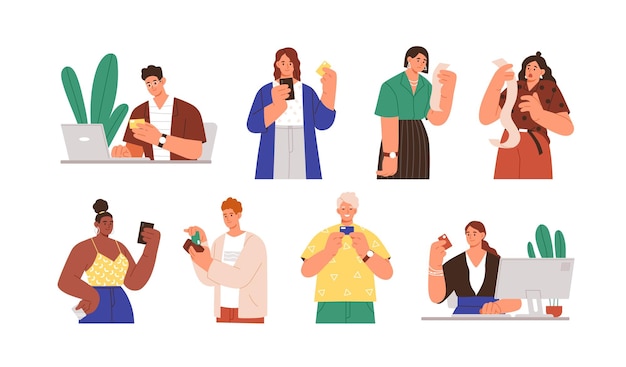 set of diverse people with payment receipts and bank cards vector flat illustration. collection of man and woman online cashless paying, having large amount at invoice isolated on white background.