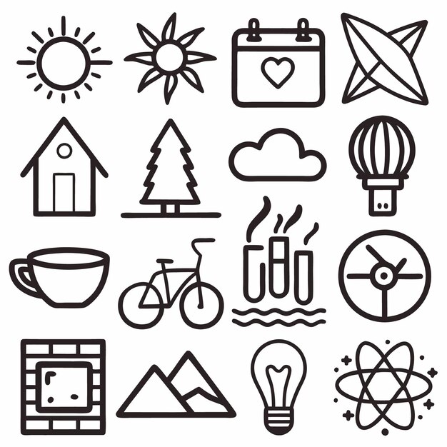 Set of doodle icons including sun house tree calendar atom bicycle coffee cup mountains lightbulb
