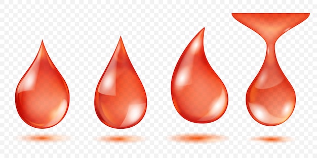 Set of drops of red water with detailed highlights and gradients for a 3D effect set against a transparent background with subtle shadow reflections below Transparency only in vector format
