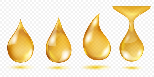 Set of drops of yellow water with detailed highlights and gradients for a 3D effect set against a transparent background with subtle shadow reflections below Transparency only in vector format