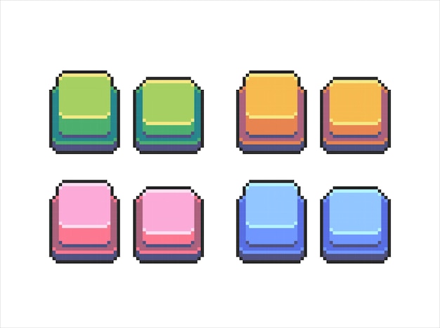 Set of Eight Colorful Pixel Art Square Buttons Yellow Pink Green Blue Variations 2D Retro Game