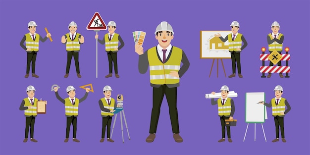 set of engineer with different poses