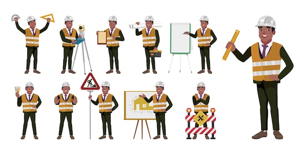 set of engineer with different poses