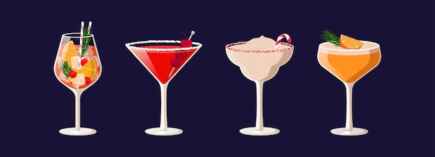 set of festive holiday cocktails in different types of glasses