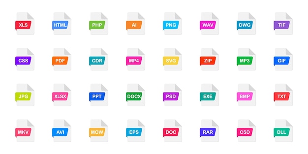 Set of file formats icons File type icons Format of documents and files extension for ui