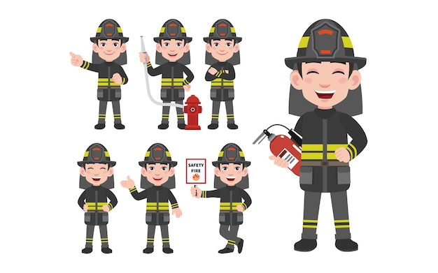 Set of fireman with different poses