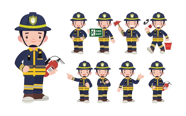 Set of fireman with different poses