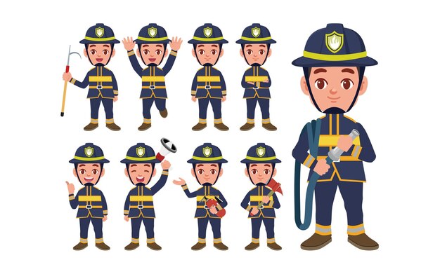 Set of fireman with different poses