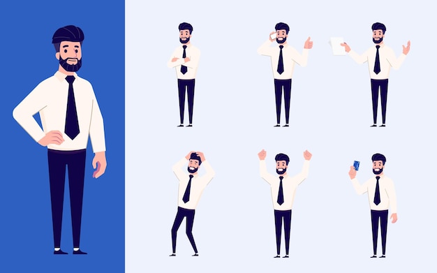 Set of Flat design businessman in many gesture isolated on white background Business people in different pose in workplace Character with separate body part for easy to animate in animation program