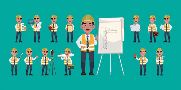 set of flat engineer with different poses