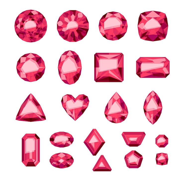 Vector set of flat style red jewels. colorful gemstones. rubies  on white background.
