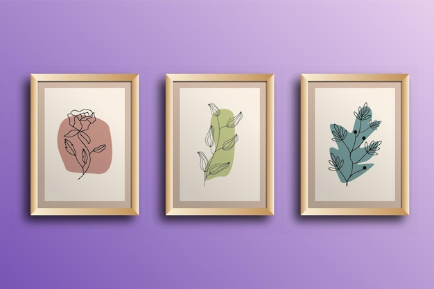 set of flowers and leaves continuous line art modern art frame
