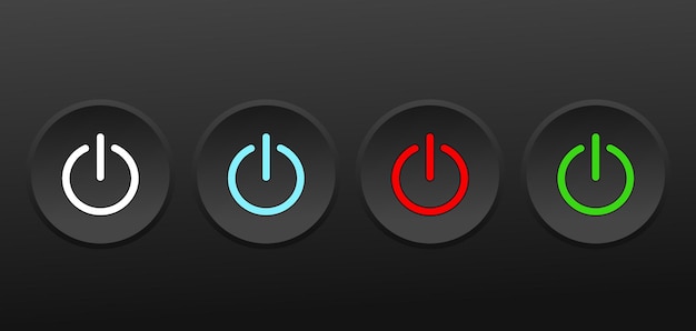 set of four black round buttons with different color indicators vector graphics isolated on dark