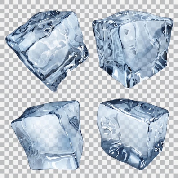 Set of four transparent ice cubes in blue colors