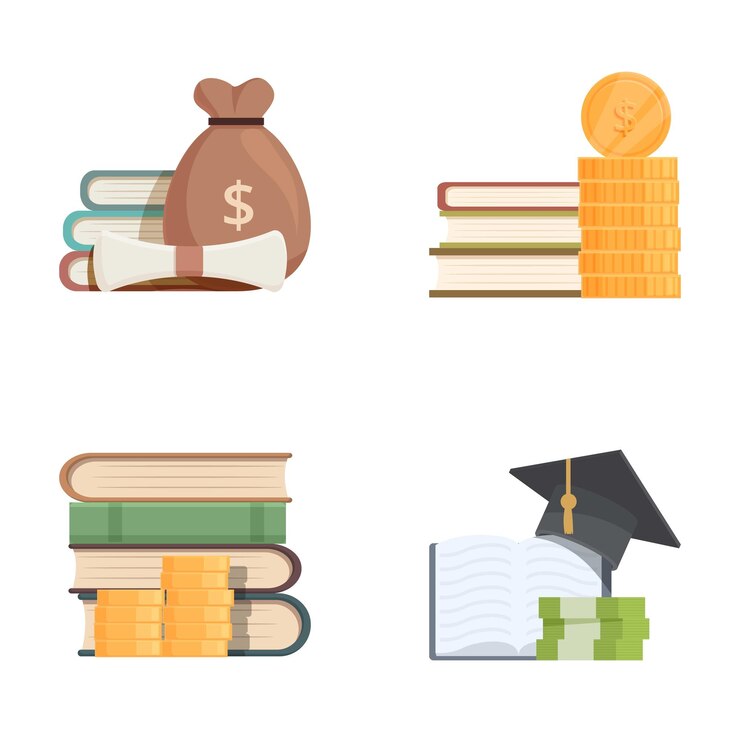 Vector set of four vector illustrations linking money and education including books and graduation cap