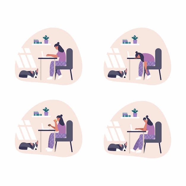 Set of freelance work at home concept illustrations - Woman with headset is working with laptop at home. Flat illustration of working process at home office.