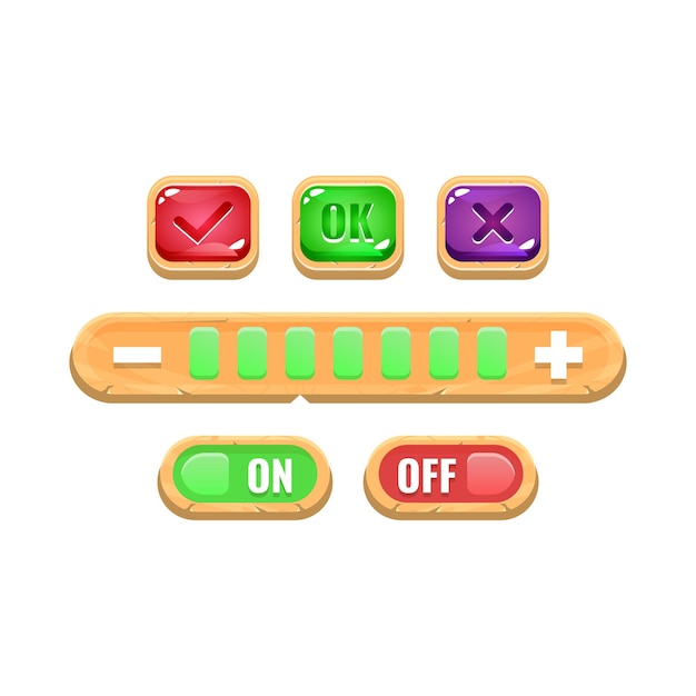 set of funny colorful wooden game ui on and off button and control settings