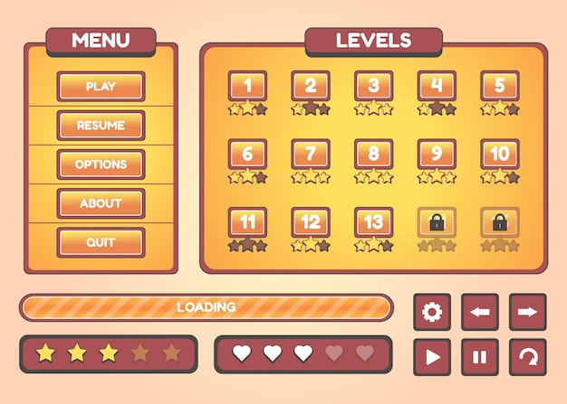 set of game menu selection for rpg and adventure game, including menu, options and level selection