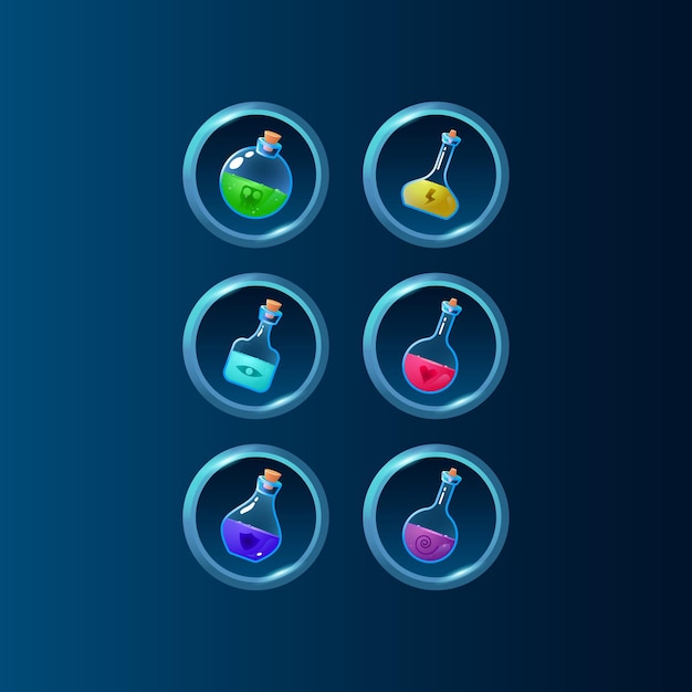 Set of game ui colorful potion bottle magic power up with glossy frame for gui asset elements