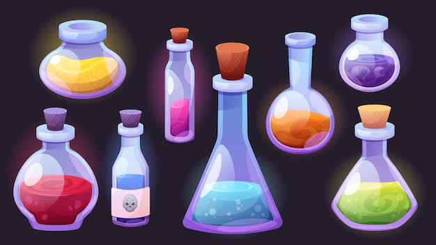 Set of glass chemical flasks Jars test tubes containers with chemical reagents for laboratory