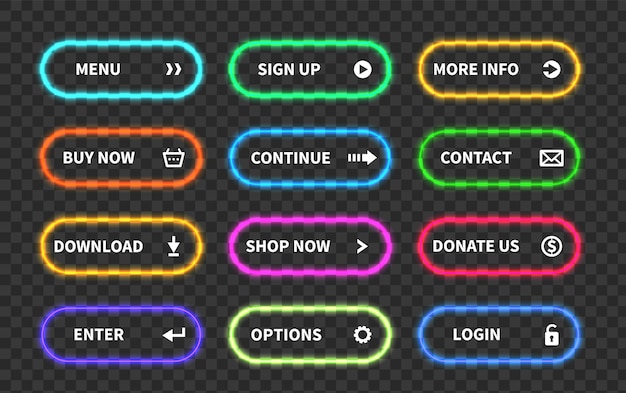 Set of glow action buttons. Neon web submit form, modern transition sign, game navigation. Glowing 3d vector ui design bright element