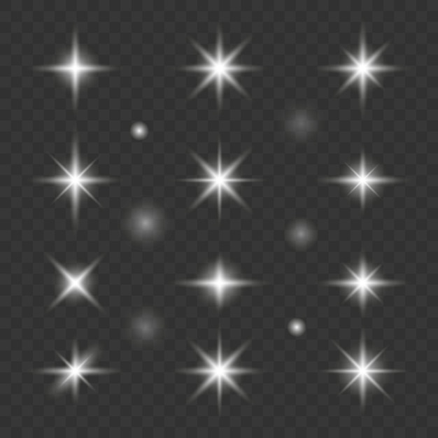 Set of glowing stars lights effect with sparkles isolated on dark transparent background Vector