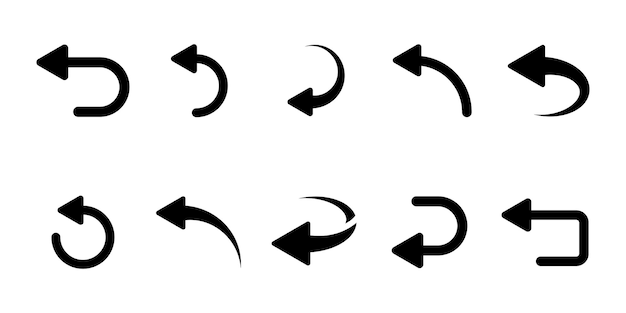 Set of go back arrows vector icons. Left direction. Return, previous, backward arrow. Pointer back.