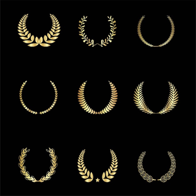 Set of golden silhouettes of different foliate laurel wheat and olive wreaths depicting award logo