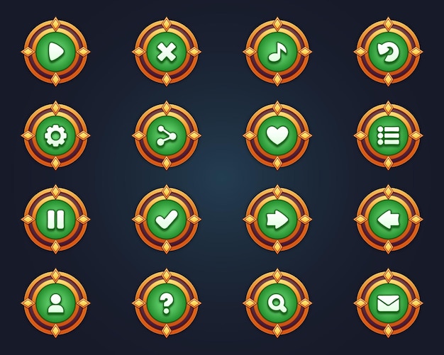 Set of green buttons for mobile games game interface cartoon ui buttons set game ui buttons kit