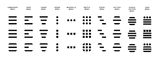 Set of hamburger menu icons Different web buttons for page navigation Website interface elements