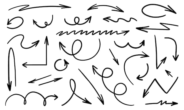 Set of handdrawn black arrows of different shapes and types on a white background Arrow straight