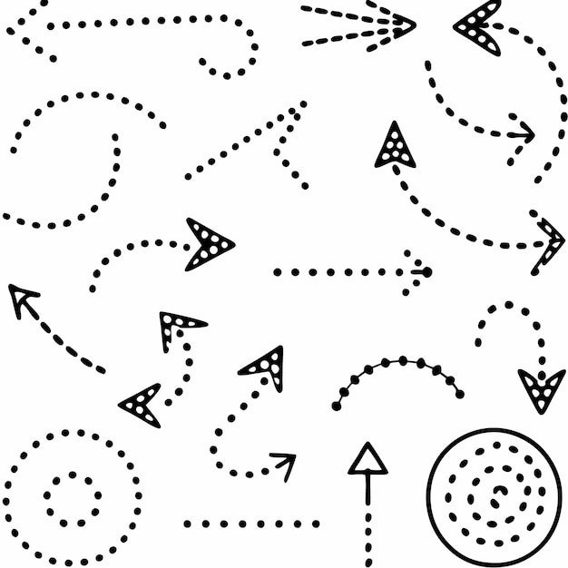 Set of handdrawn dotted arrows lines and circles