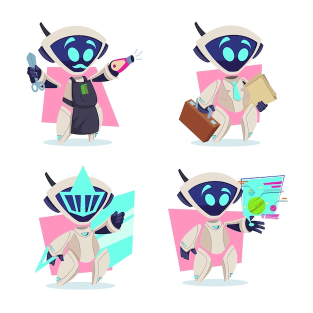 set of handdrawn robots holding scissors and fan carrying briefcase producing energy showing hologram