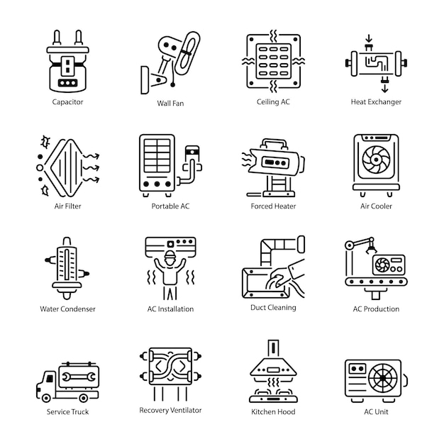 Set of HVAC Tools Linear Icons