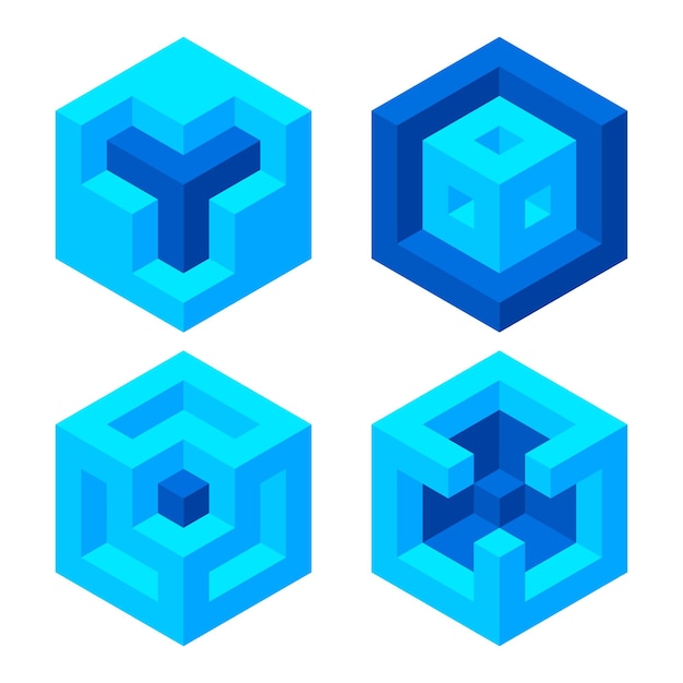 Set of illusory cubes made of blocks. Brain optical illusion.