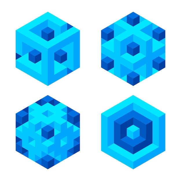 Set of illusory cubes made of blocks. Brain optical illusion.