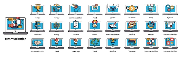Set of illustrations in the concept of computers and business objects in line art style