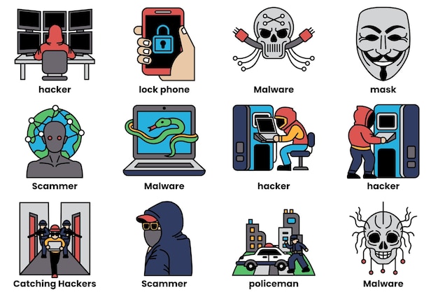 set of illustrations in the concept of hackers in a line style