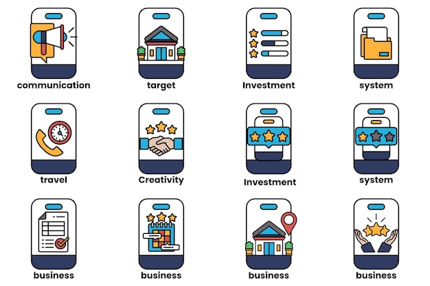 set of illustrations in the concept of smartphones and things in line art style