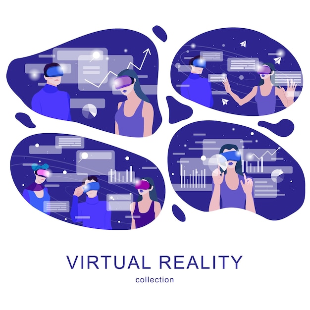 Set of illustrations with people in VR headset, exploring digital interface and working with data