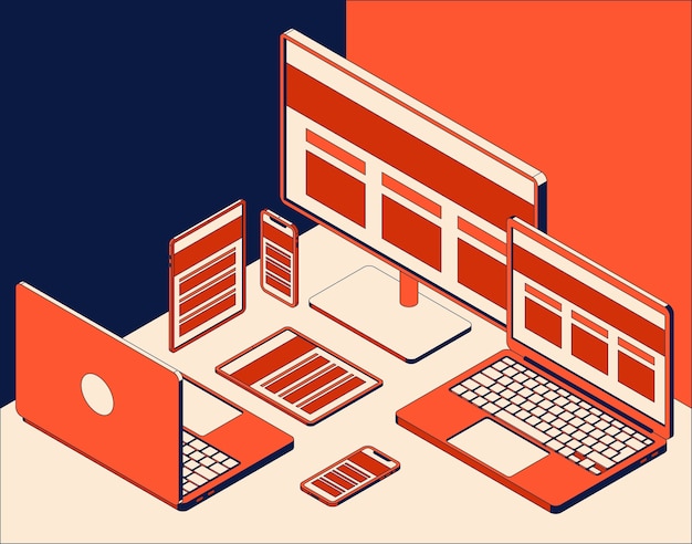Set of isometric computer monitor, laptops, tablets and mobile phones.