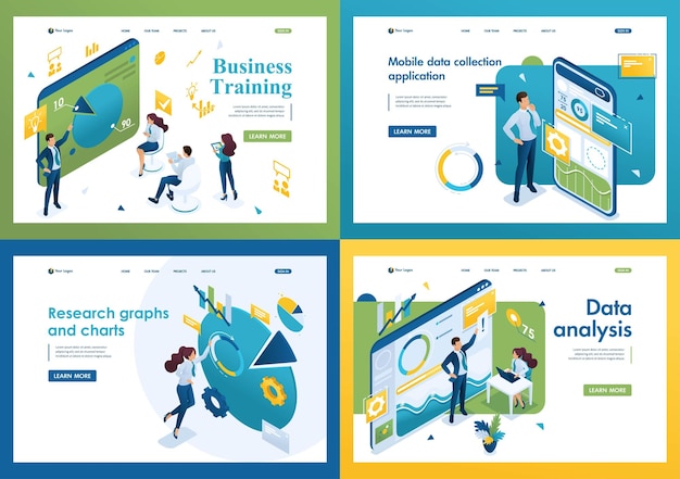 Set of isometric concepts business training mobile app graphs and charts data analysis For Landing page concepts and web design